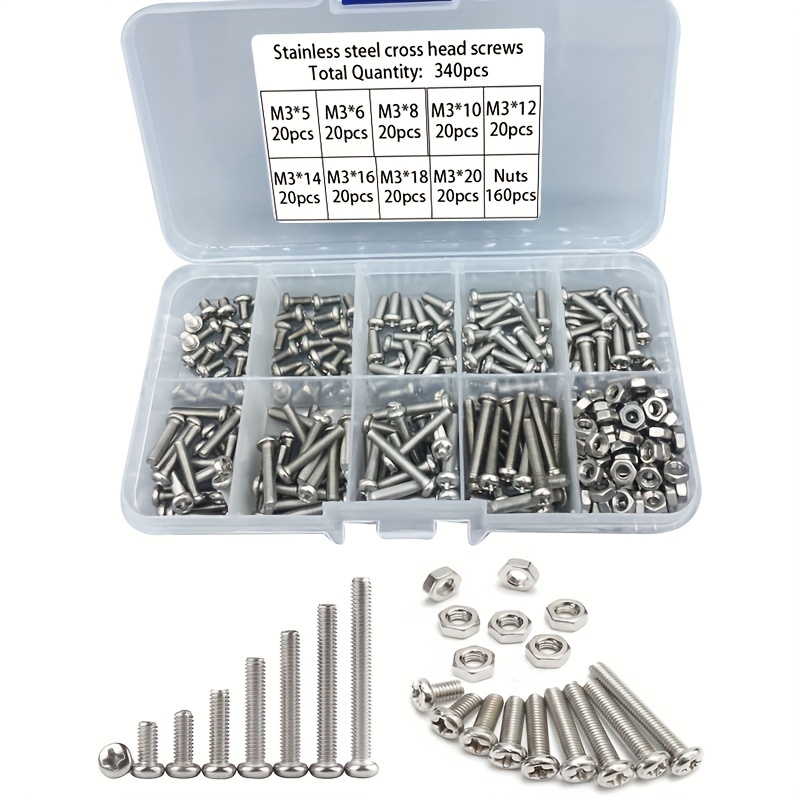 Nuts Mix - 340-teiliges M3 Edelstahl Phillips-Flachkopfschrauben- und Muttern-Set,