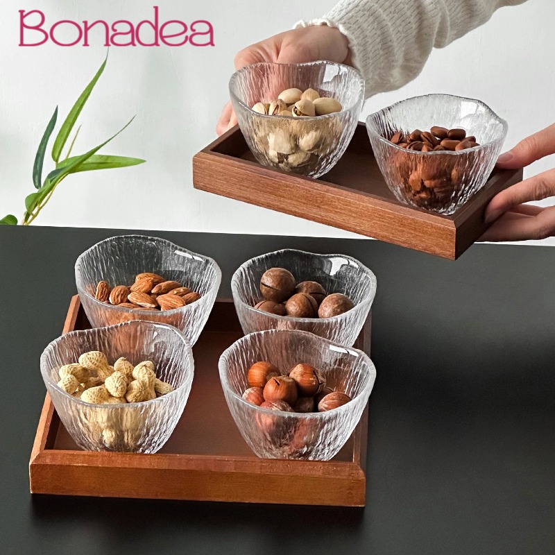 Dried Fruit - Klare Glasbecher, geteiltes Nusstablett, Trockenobstteller-Tablett-Set, Obst-Snack-Display-Tablett,
