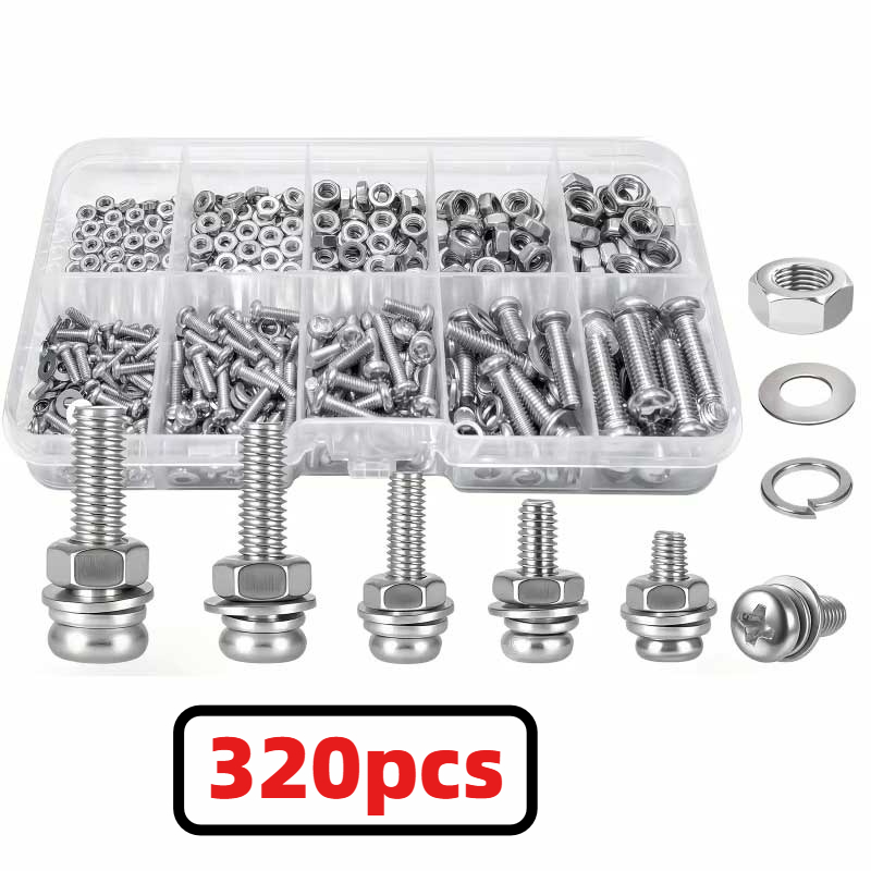 Nuts Mix - 320-teiliges Premium-Sortiment aus 304 Edelstahlschrauben und